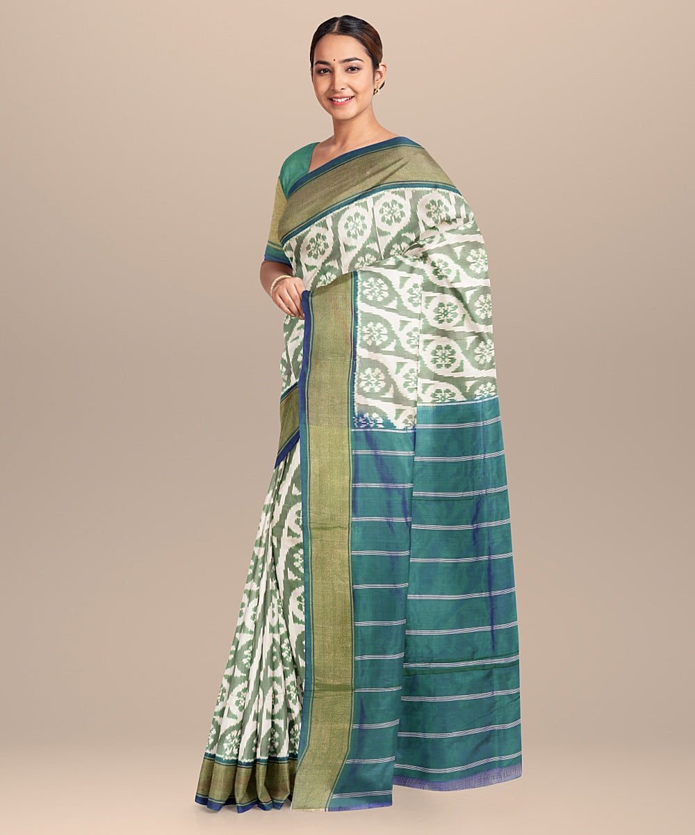 White green handwoven pochampally ikat silk saree