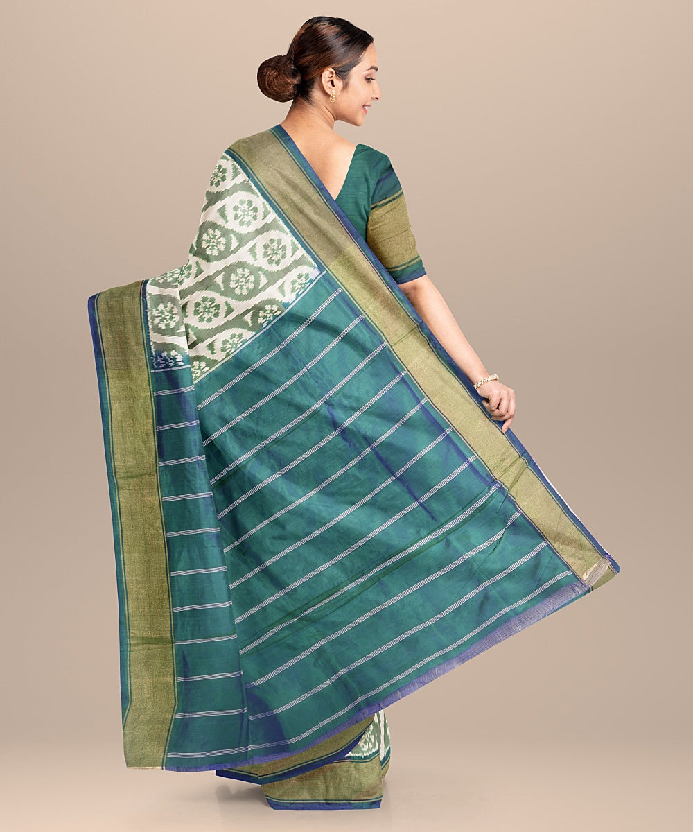 White green handwoven pochampally ikat silk saree