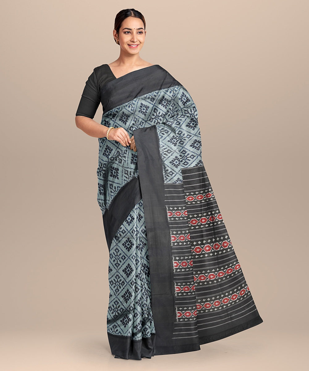 Grey black handwoven pochampally ikat silk saree