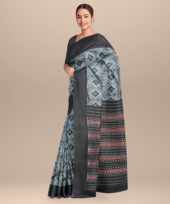 Grey black handwoven pochampally ikat silk saree