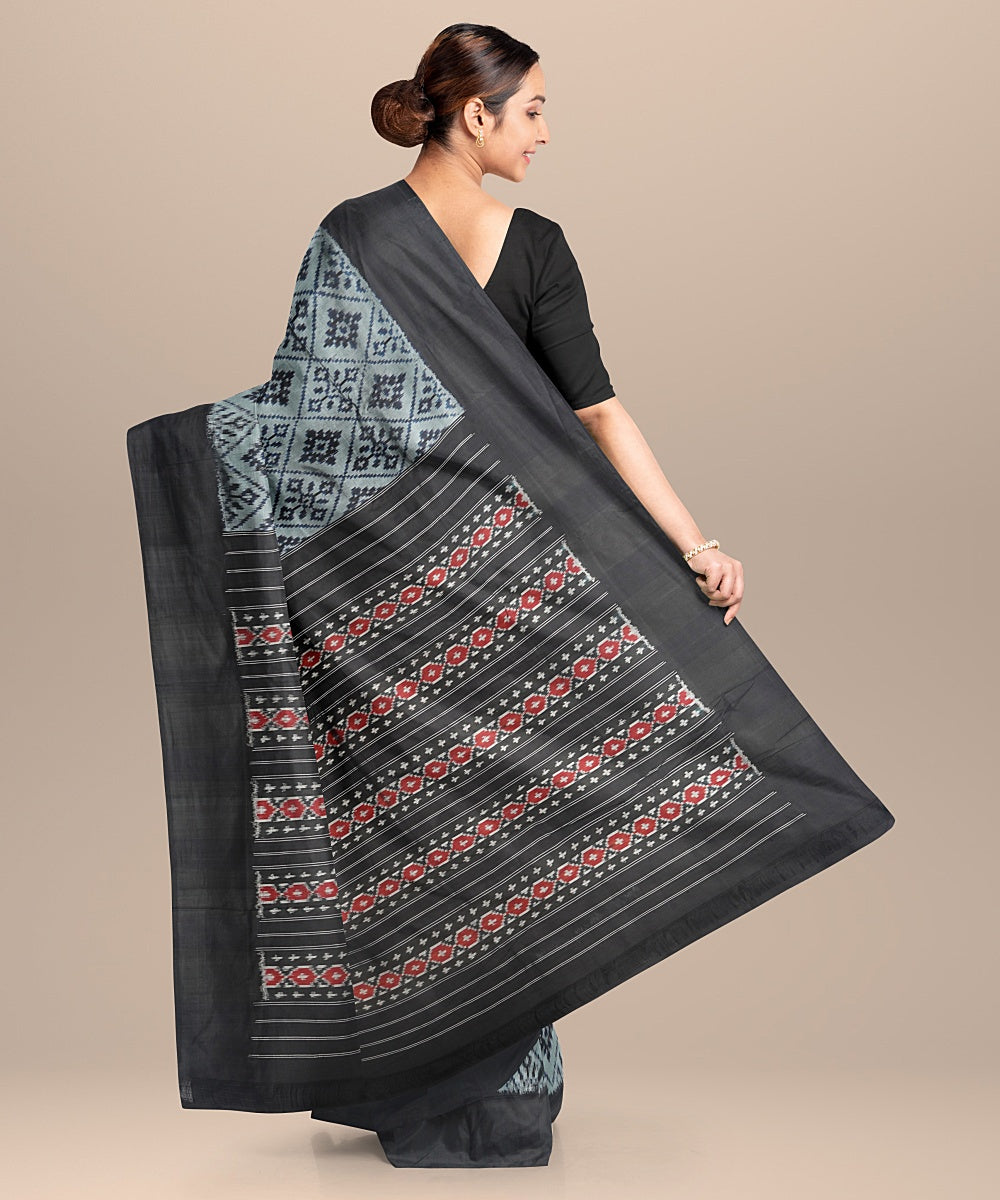 Grey black handwoven pochampally ikat silk saree