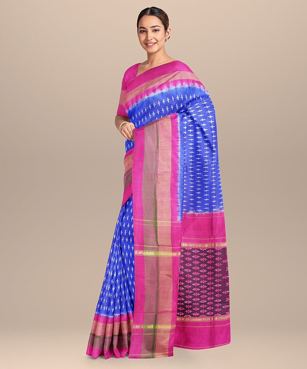 Blue pink silk handloom pochampally ikat saree