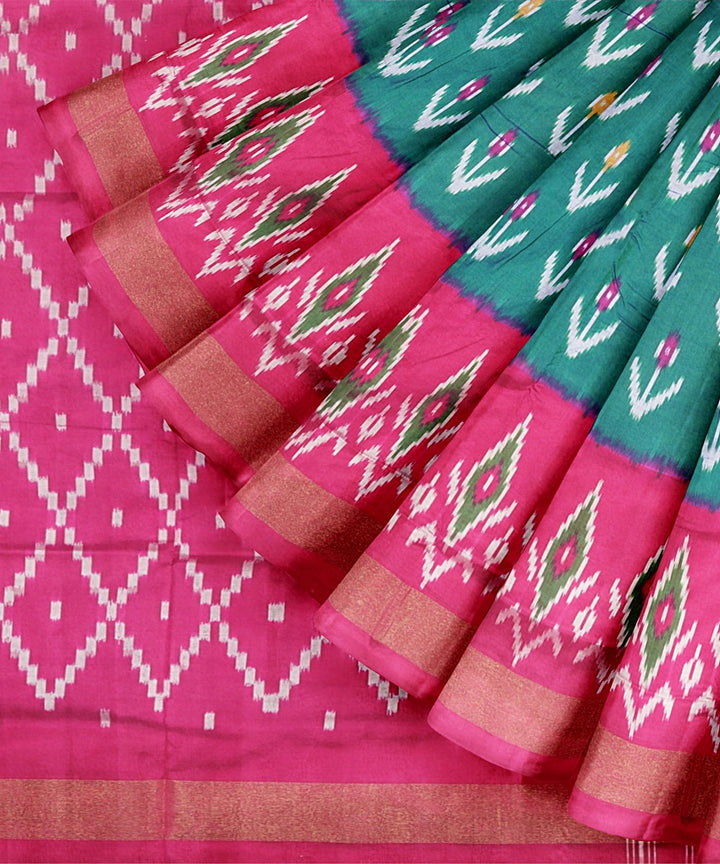 Dark green pink handwoven pochampally silk saree