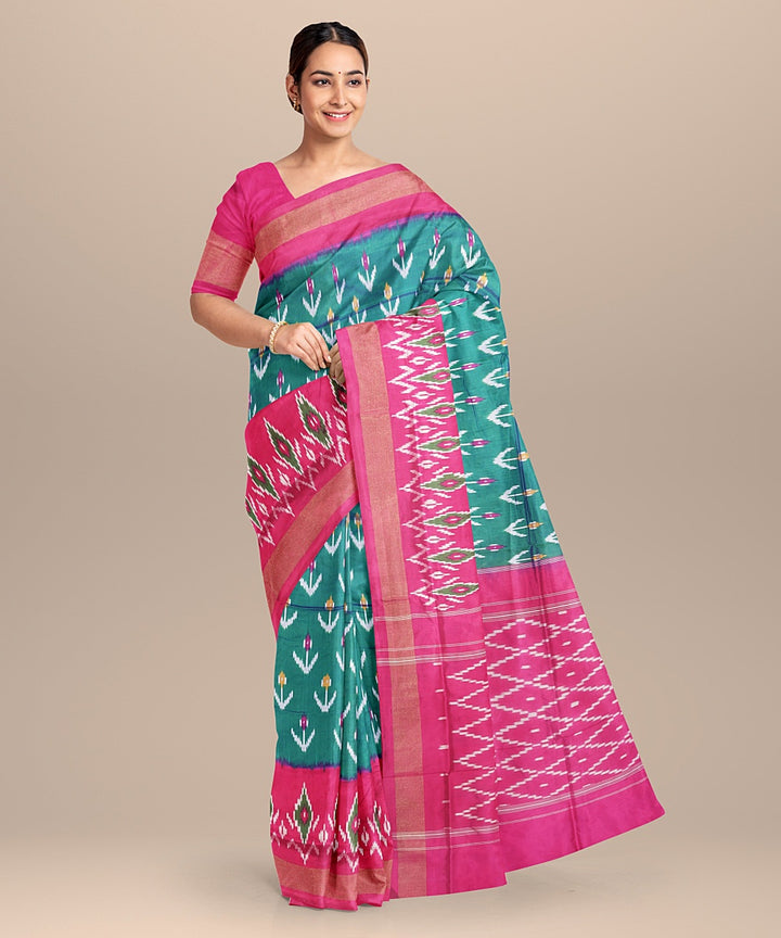 Dark green pink handwoven pochampally silk saree