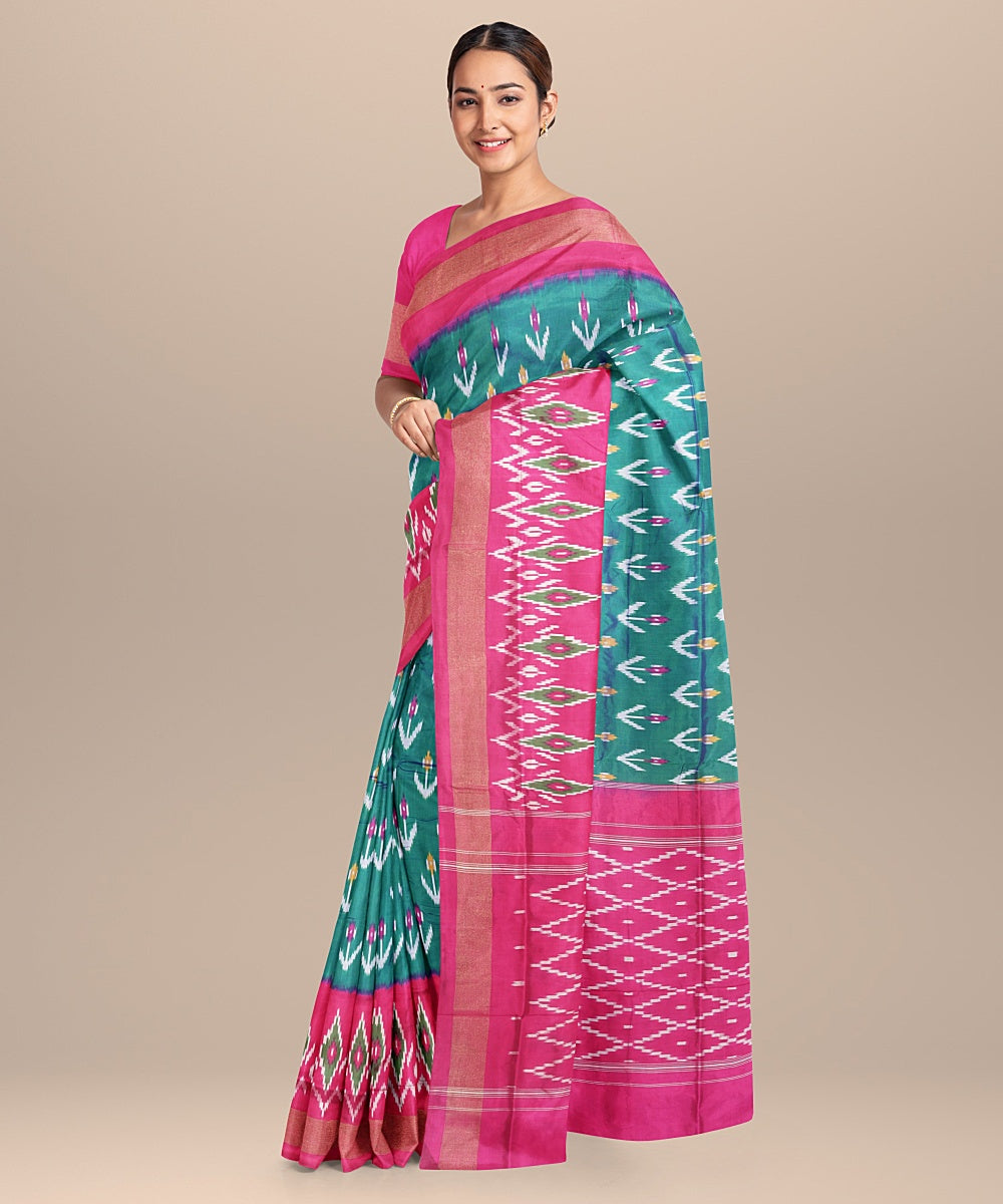 Dark green pink handwoven pochampally silk saree