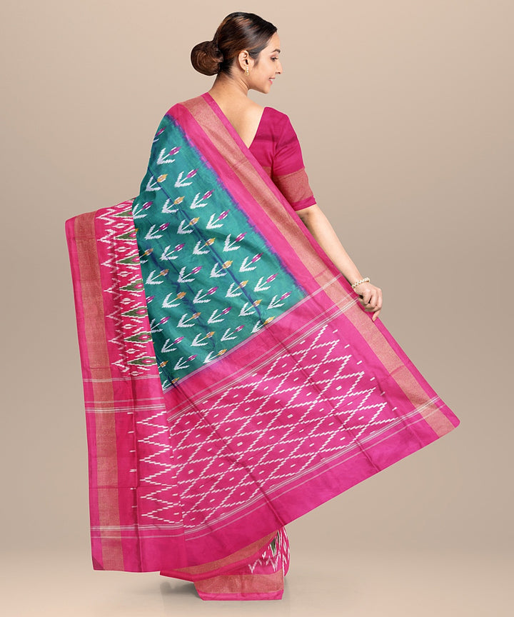 Dark green pink handwoven pochampally silk saree