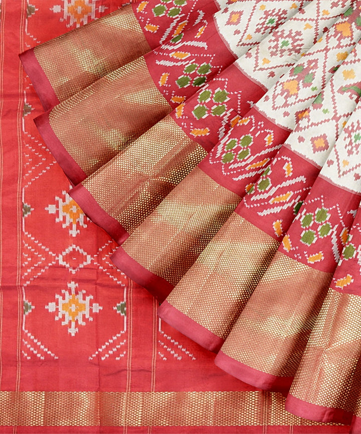 Offwhite red handwoven silk pochampally ikat saree