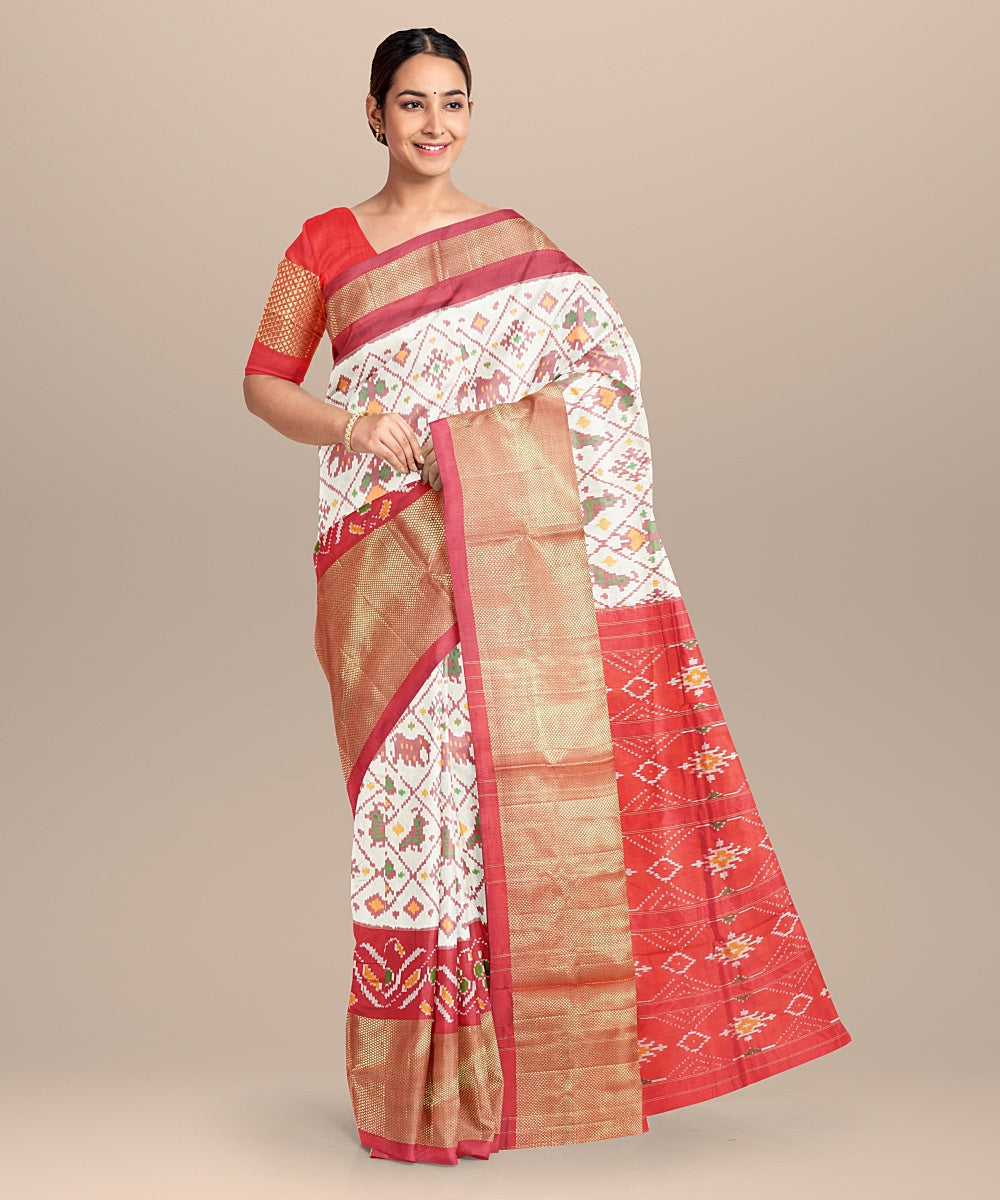 Offwhite red handwoven silk pochampally ikat saree