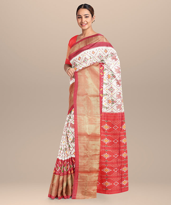 Offwhite red handwoven silk pochampally ikat saree