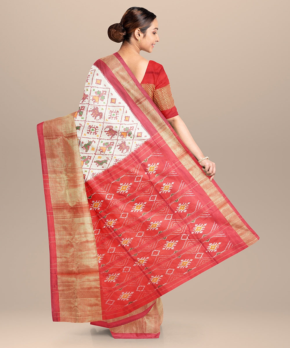 Offwhite red handwoven silk pochampally ikat saree