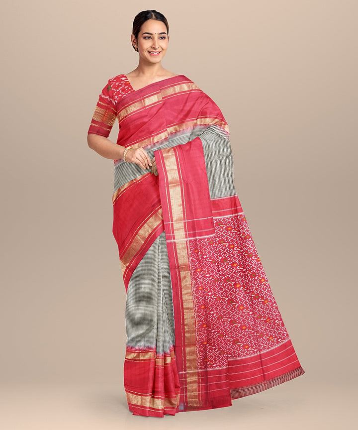 Grey red handwoven pochampally ikat silk saree