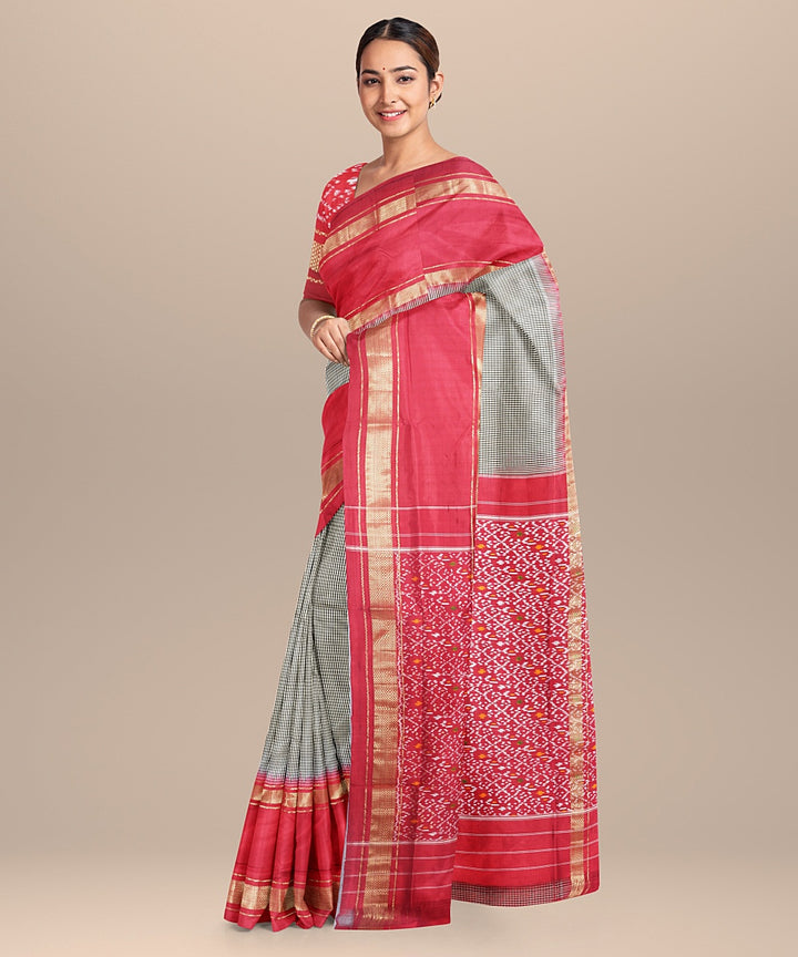 Grey red handwoven pochampally ikat silk saree