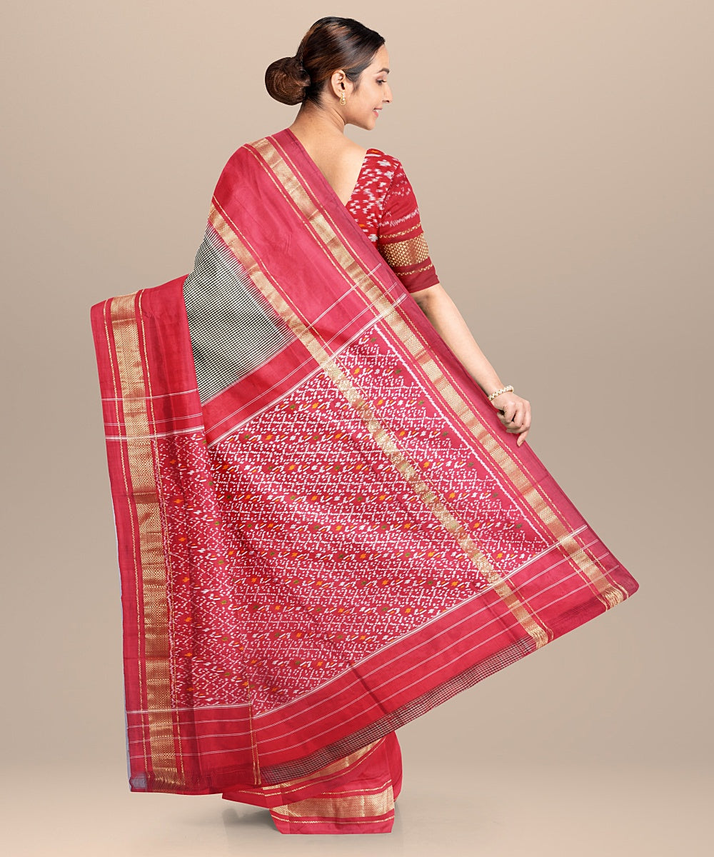 Grey red handwoven pochampally ikat silk saree