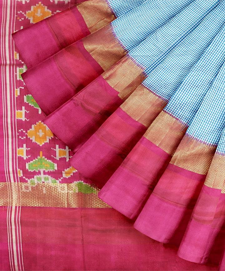 Sky blue pink handwoven pochampally ikat silk saree