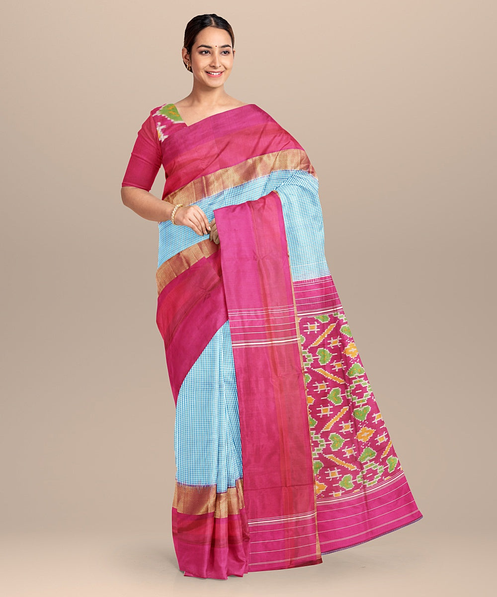 Sky blue pink handwoven pochampally ikat silk saree