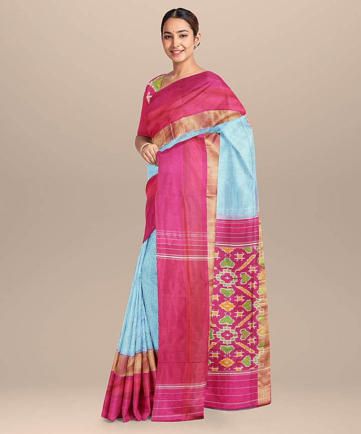 Sky blue pink handwoven pochampally ikat silk saree