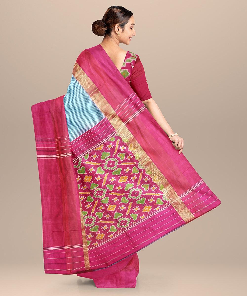 Sky blue pink handwoven pochampally ikat silk saree