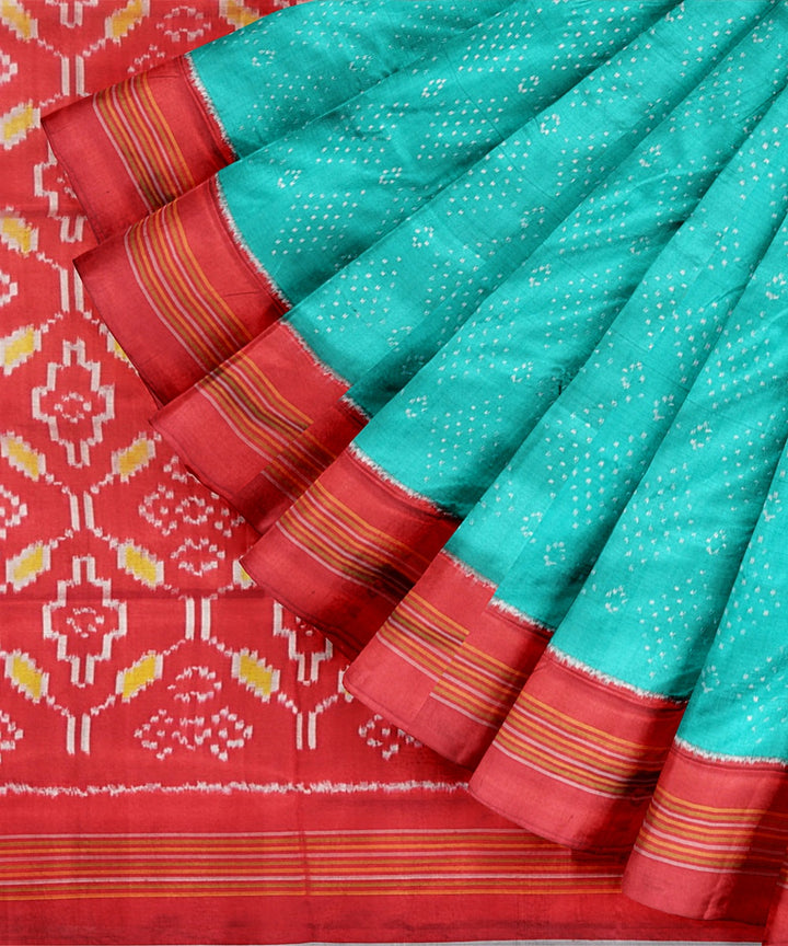 Sea green red handwoven pochampally ikat silk saree