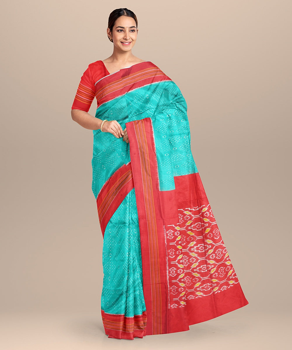 Sea green red handwoven pochampally ikat silk saree