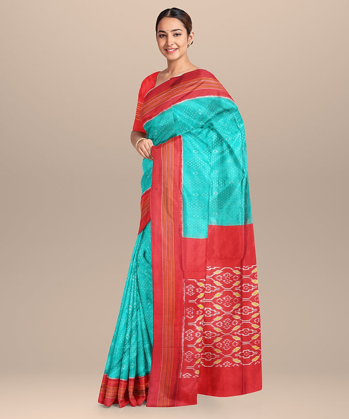 Sea green red handwoven pochampally ikat silk saree