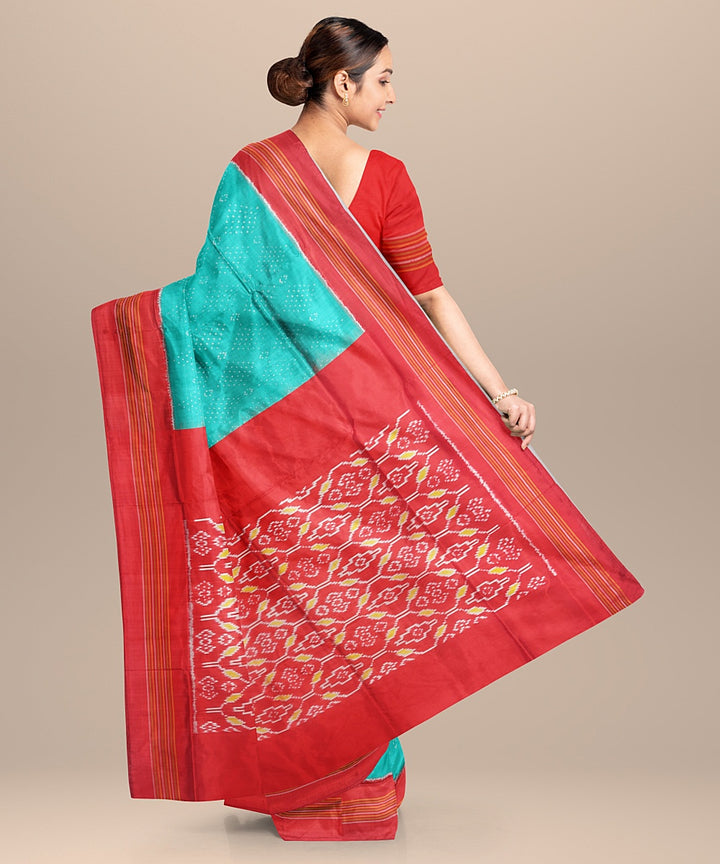 Sea green red handwoven pochampally ikat silk saree