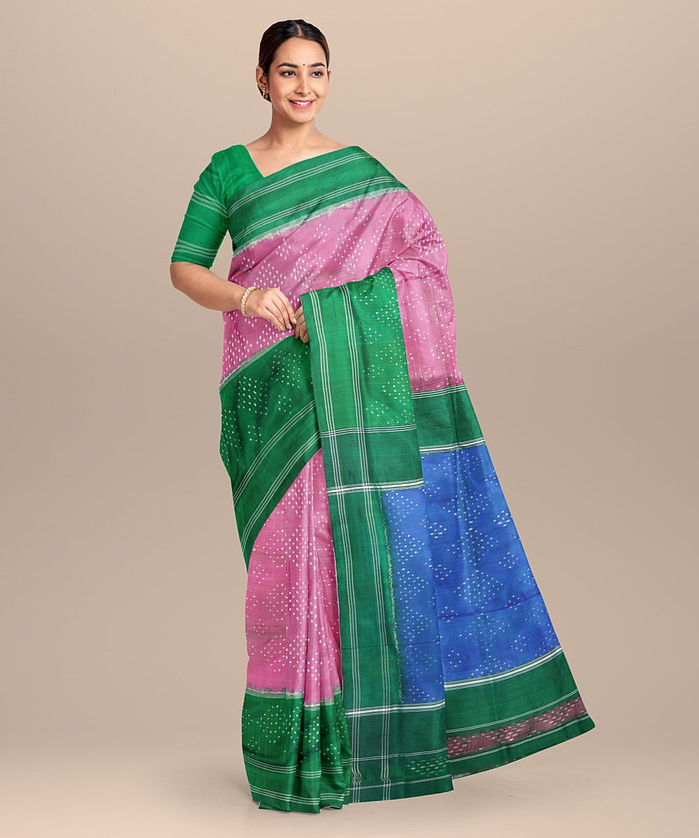 Pink green handwoven pochampally ikat silk saree