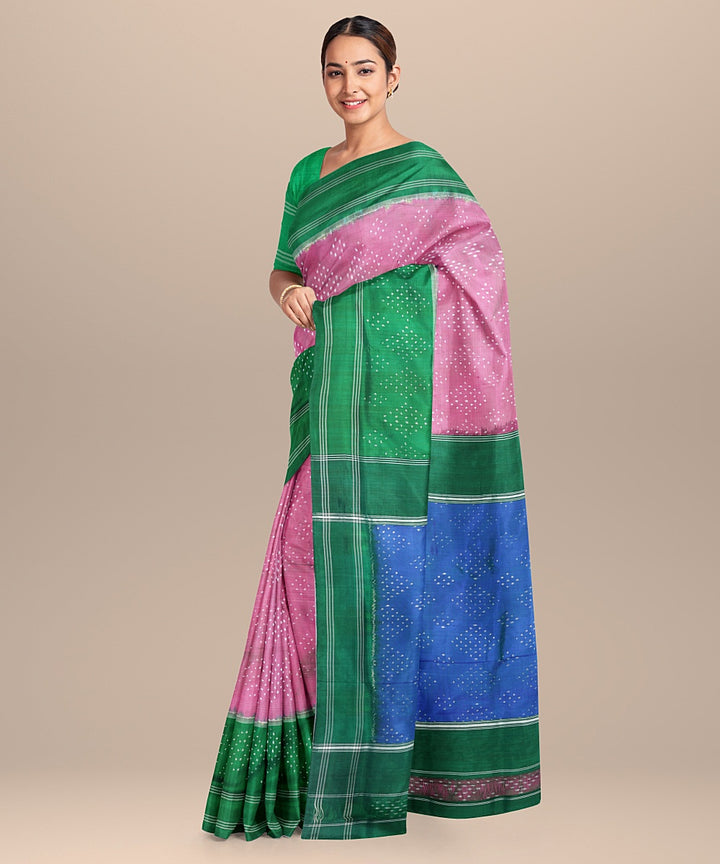 Pink green handwoven pochampally ikat silk saree