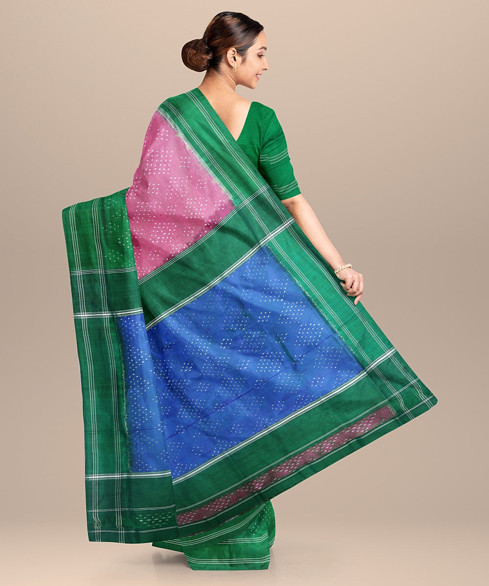 Pink green handwoven pochampally ikat silk saree