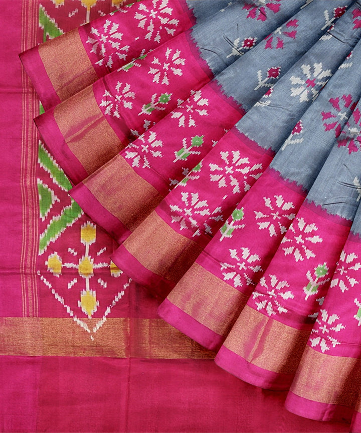 Grey pink pochampally ikat handwoven silk saree