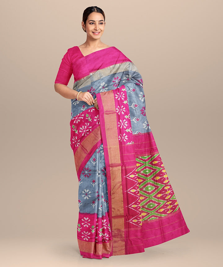 Grey pink pochampally ikat handwoven silk saree