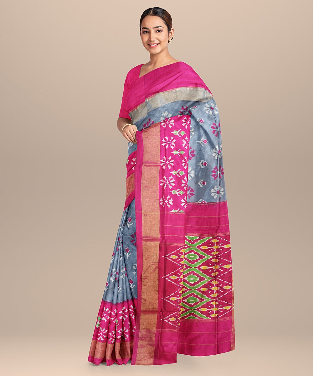 Grey pink pochampally ikat handwoven silk saree