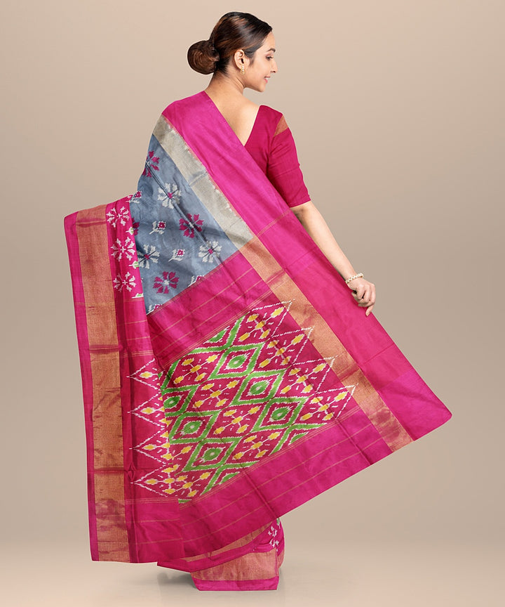 Grey pink pochampally ikat handwoven silk saree