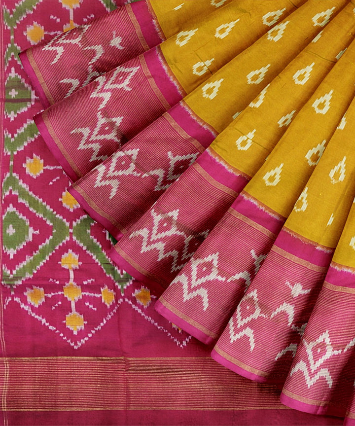 Yellow pink handwoven pochampally ikat silk saree