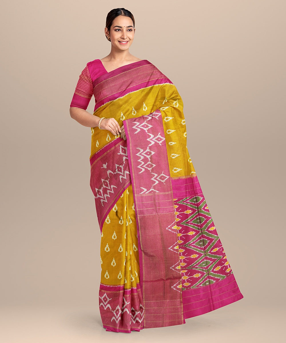 Yellow pink handwoven pochampally ikat silk saree