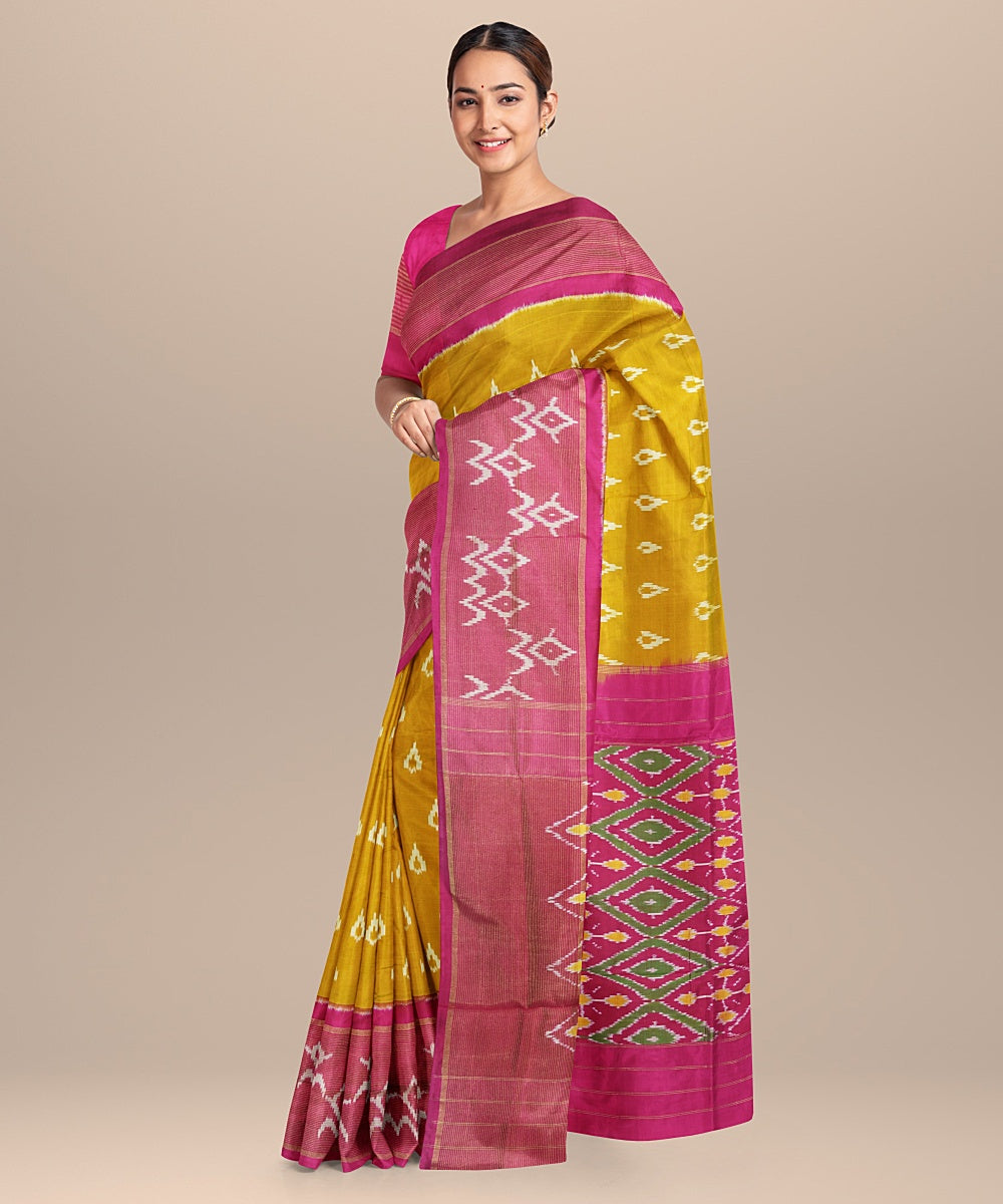 Yellow pink handwoven pochampally ikat silk saree