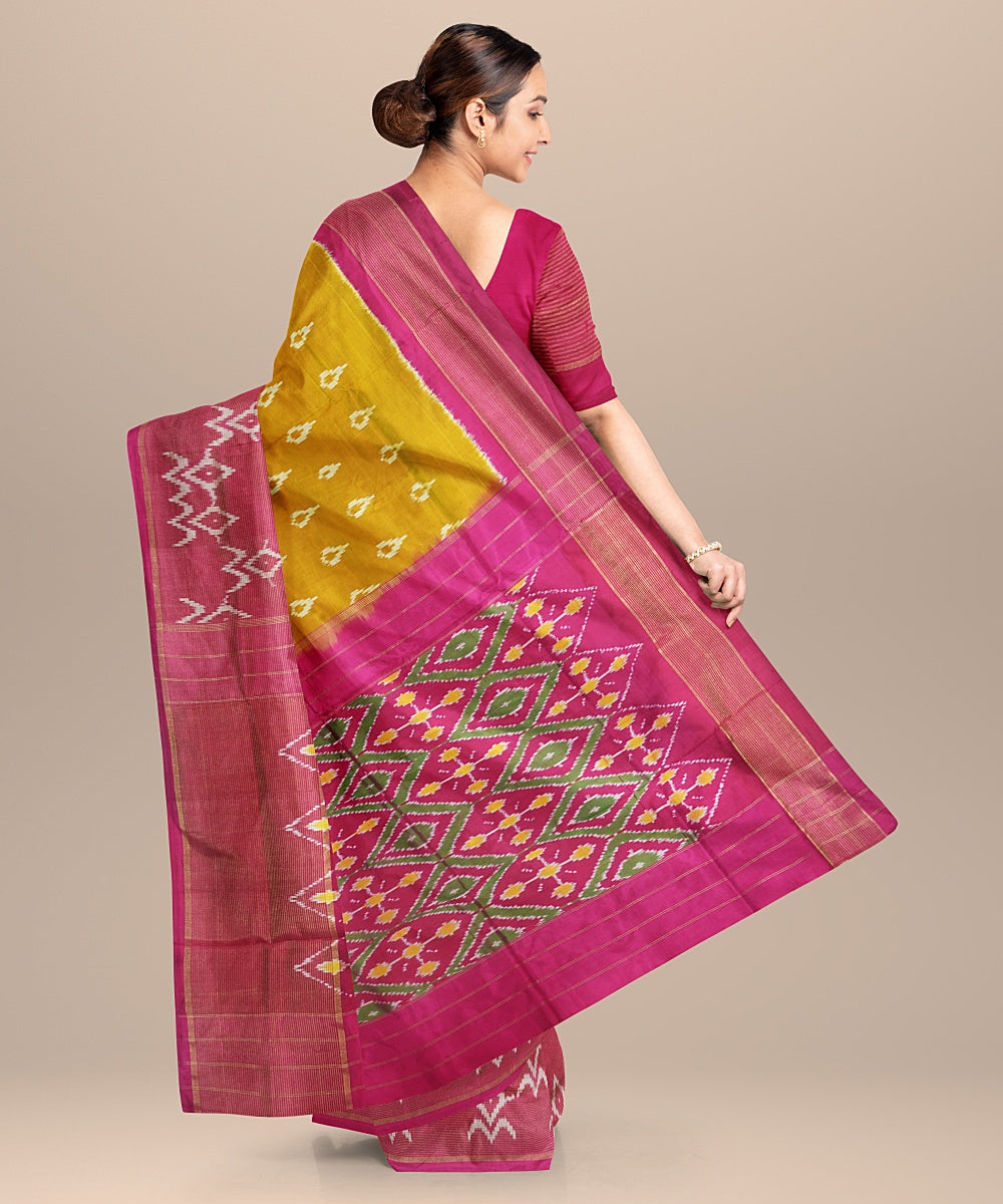 Yellow pink handwoven pochampally ikat silk saree