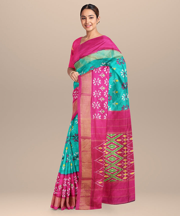 Sea green pink handloom pochampally ikat silk saree