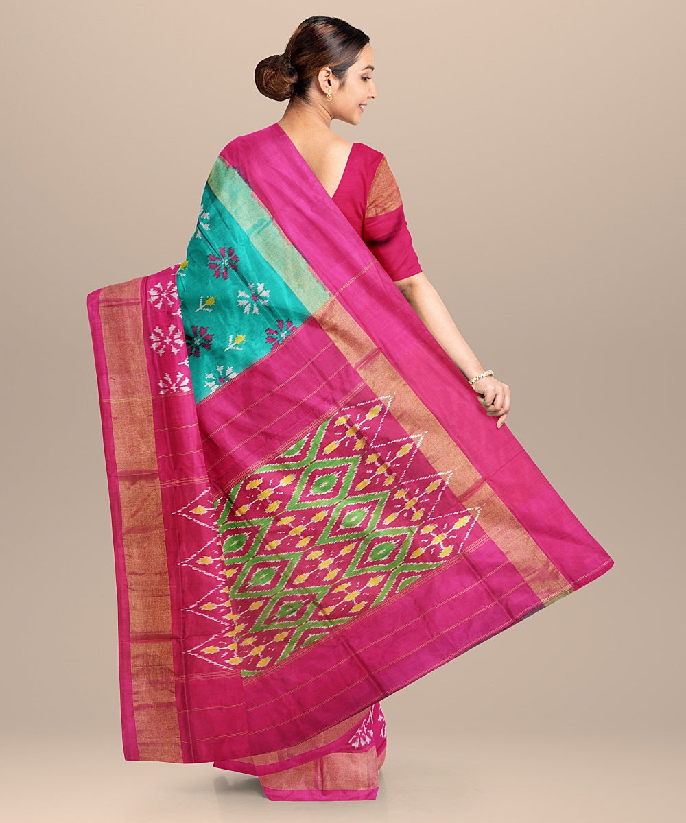 Sea green pink handloom pochampally ikat silk saree