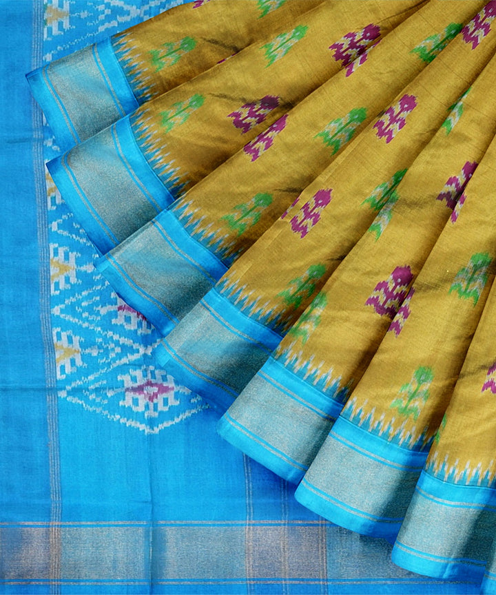 Mehendi green blue handwoven pochampally ikat silk saree