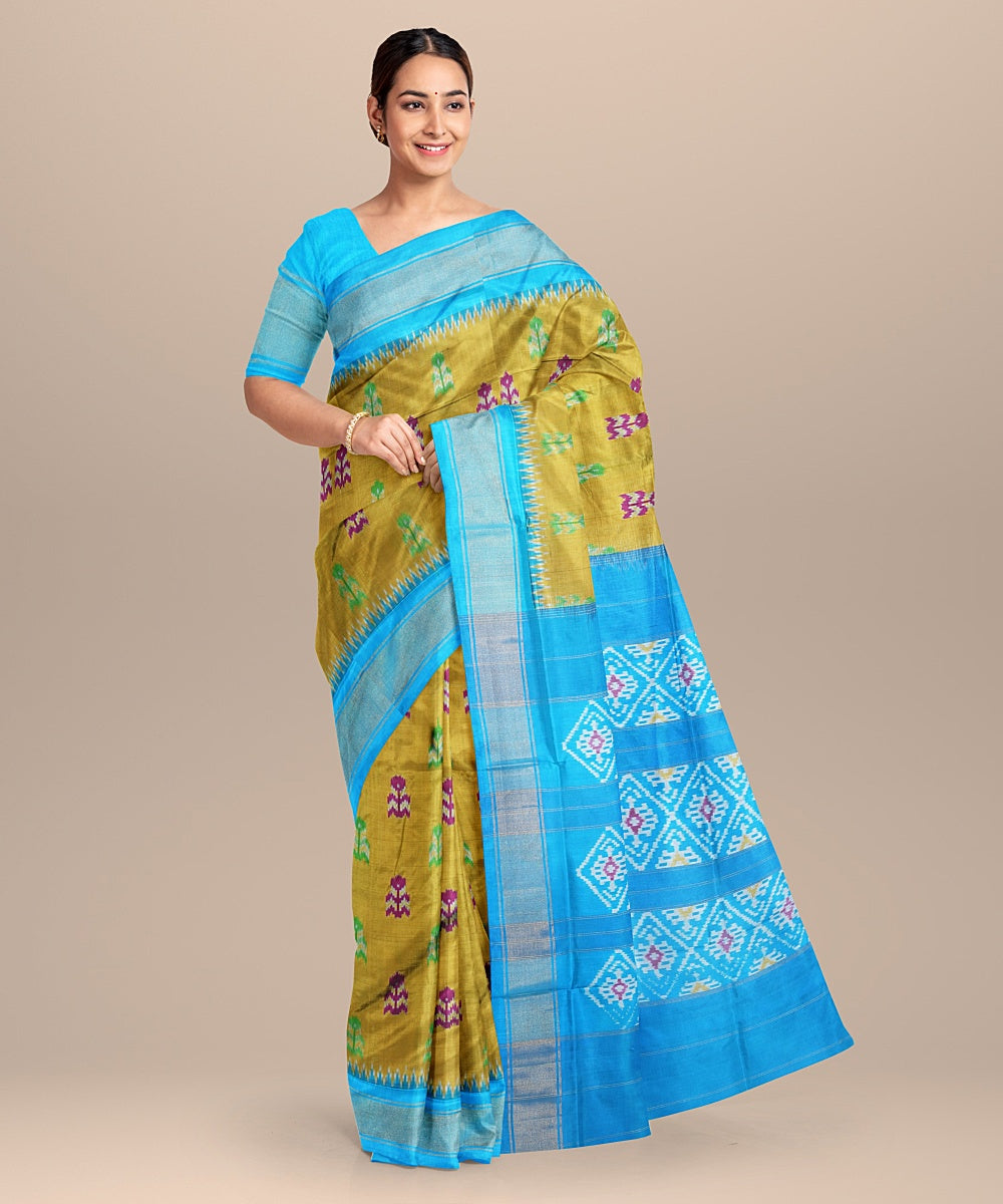 Mehendi green blue handwoven pochampally ikat silk saree