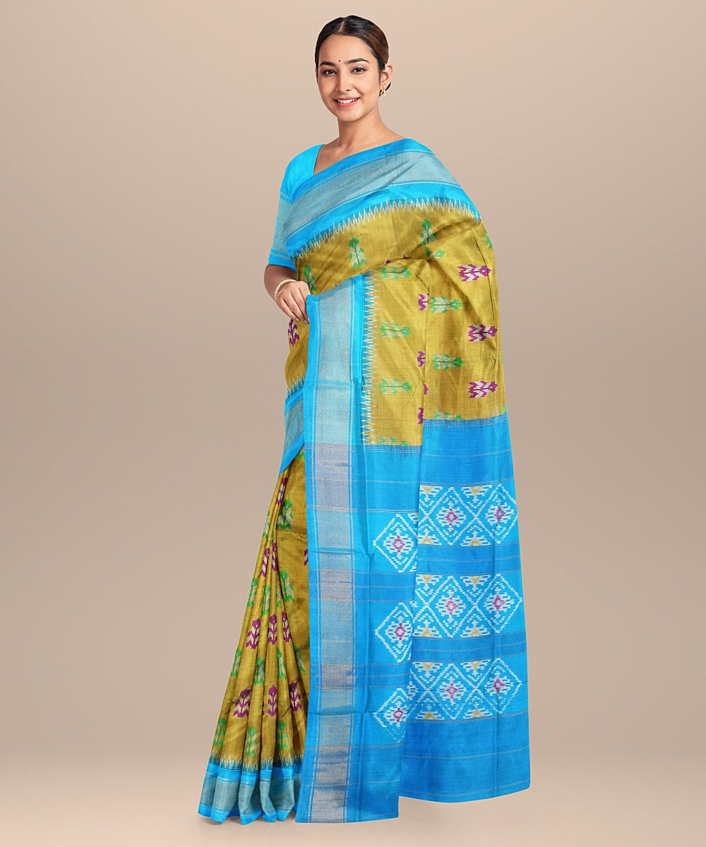 Mehendi green blue handwoven pochampally ikat silk saree