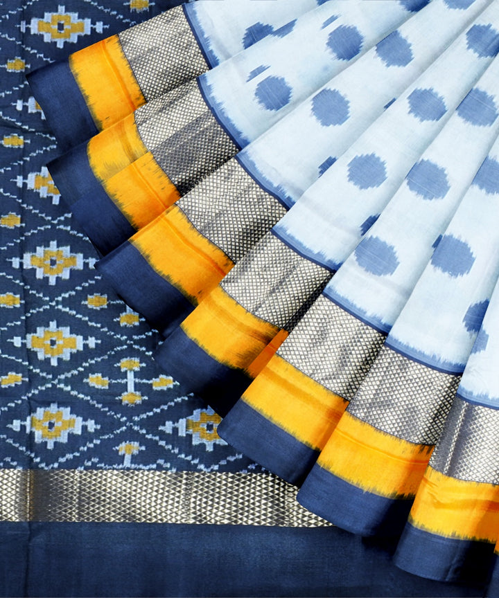 White yellow blue handwoven pochampally ikat silk saree