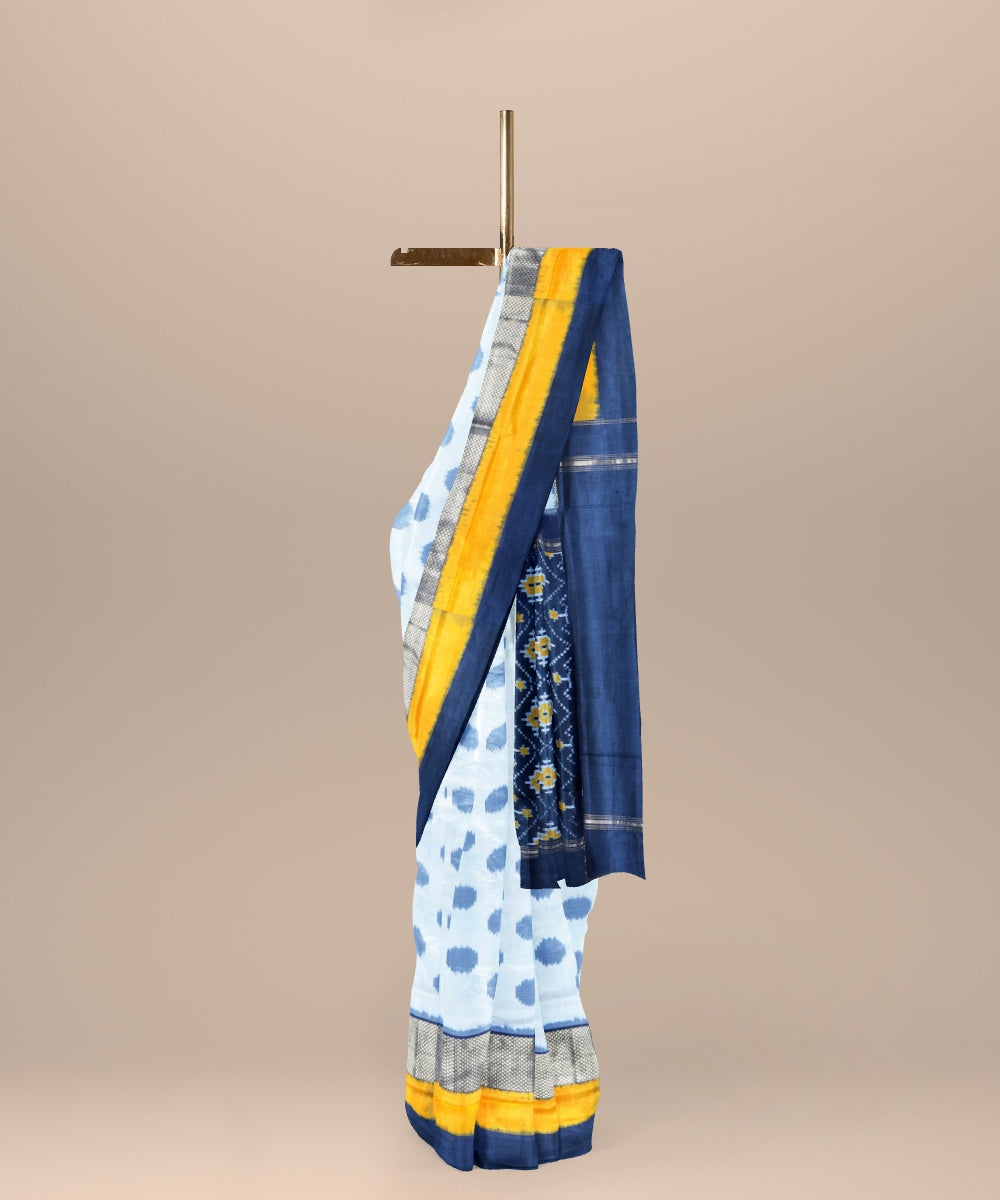 White yellow blue handwoven pochampally ikat silk saree