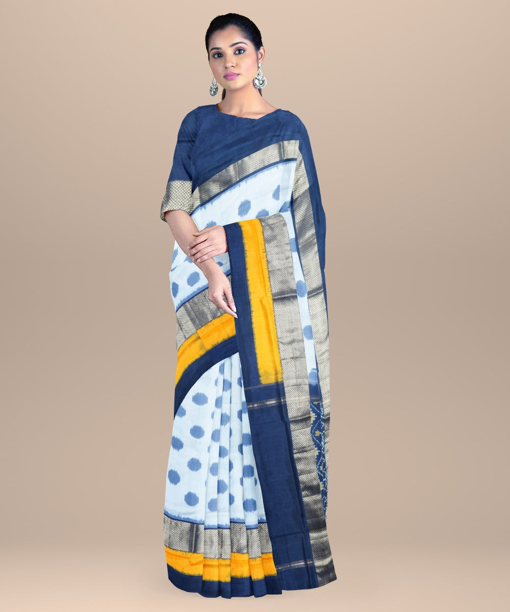 White yellow blue handwoven pochampally ikat silk saree