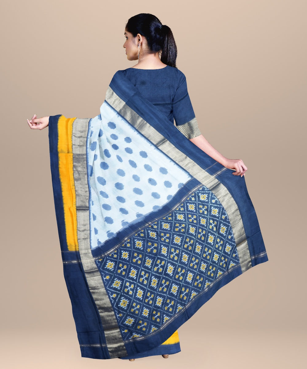 White yellow blue handwoven pochampally ikat silk saree