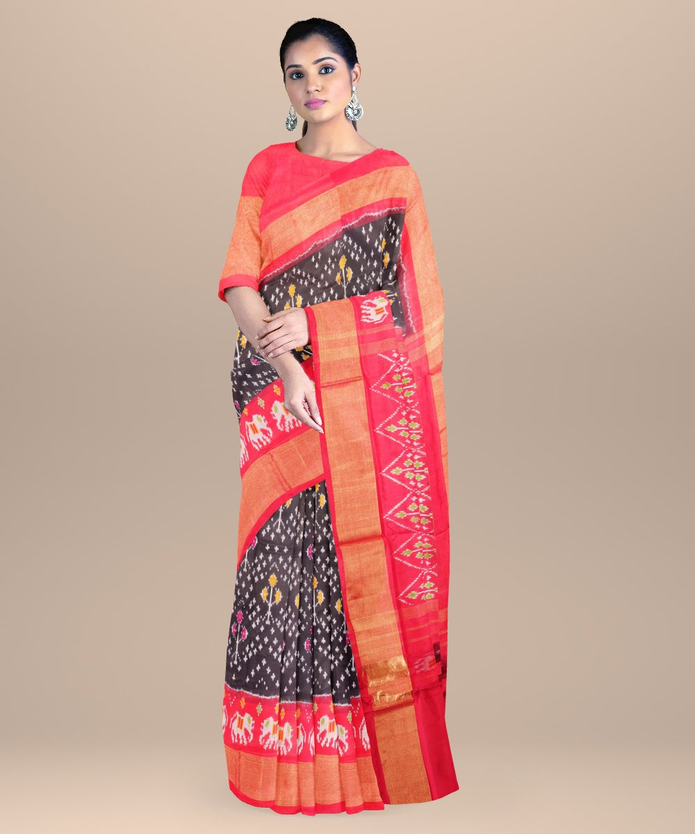 Black red handloom pochampally ikat silk saree