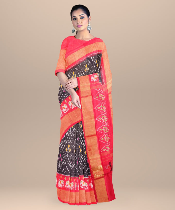 Black red handloom pochampally ikat silk saree