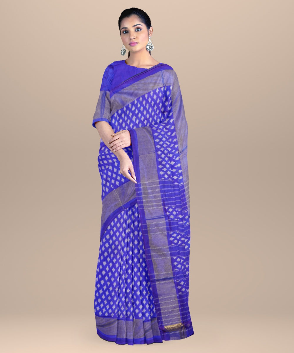 Neon blue grey handwoven pochampally ikat silk saree