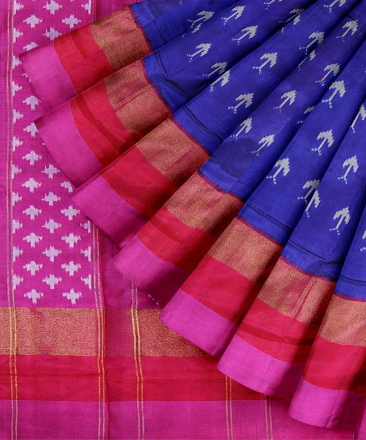 Neon blue pink handwoven pochampally ikat silk saree