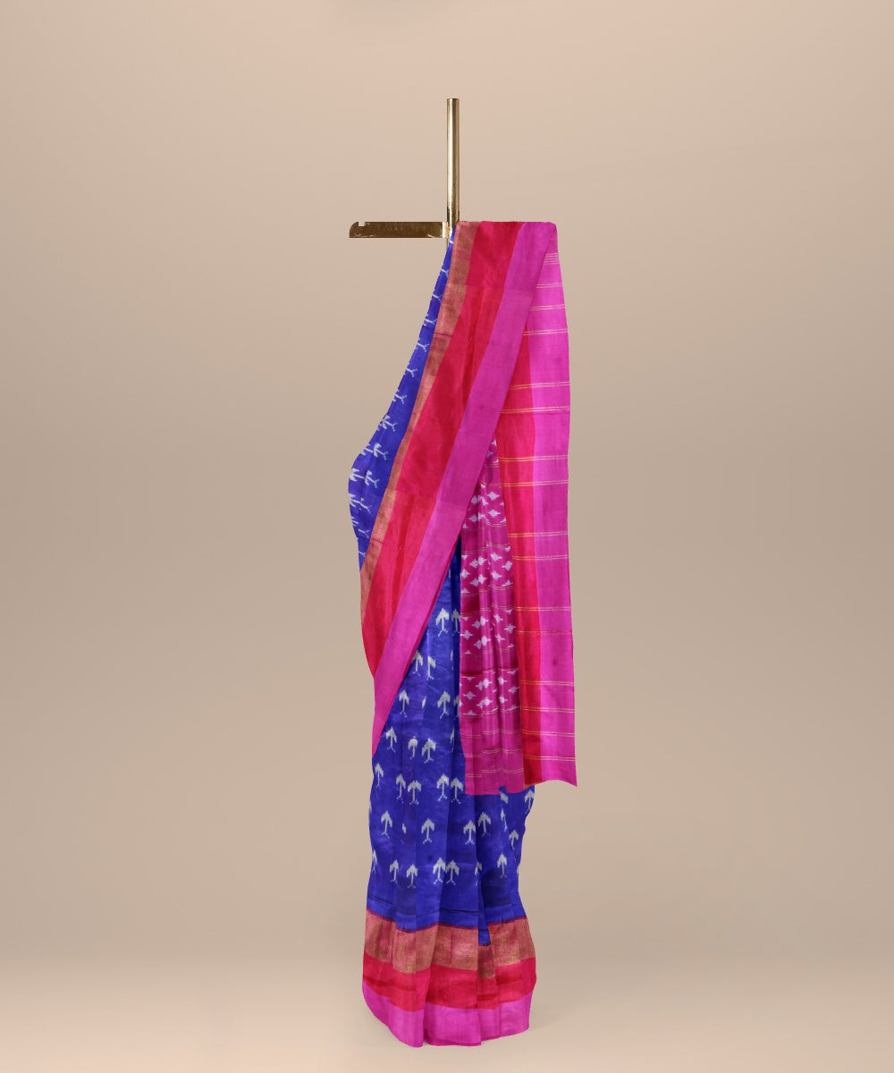 Neon blue pink handwoven pochampally ikat silk saree